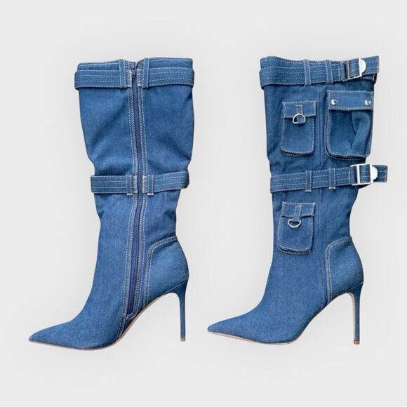 Rouge! Blue Denim Heeled Boots with Stiletto Heel Women’s Size 8.5 - Picture 1 of 14